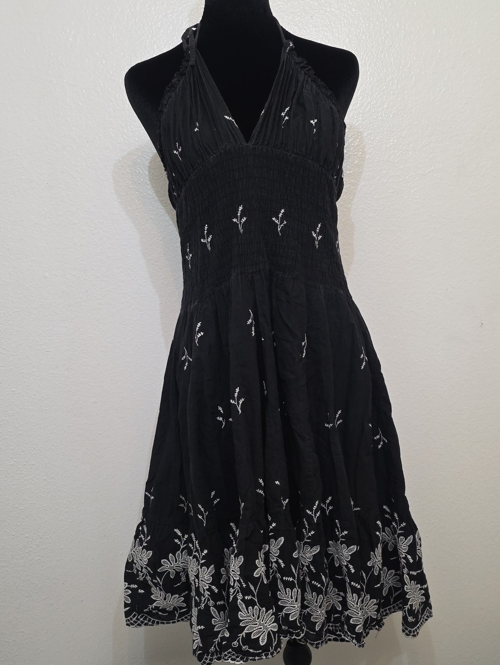 Forever 21 Black Halter Midi Dress with White Floral Embroidery